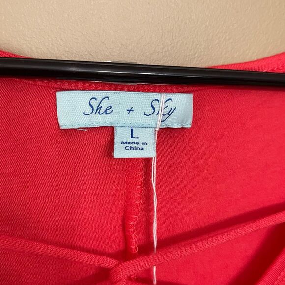 She + Sky Criss Cross Front Coral Cold Shoulder Long Sleeve Dress Large NWT - Picture 3 of 7